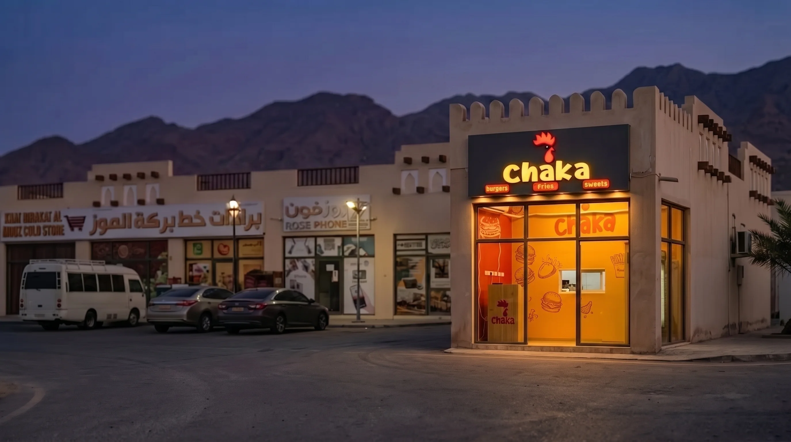 Chaka restaurant exterior at dusk, Birkat Al Mouz, Oman